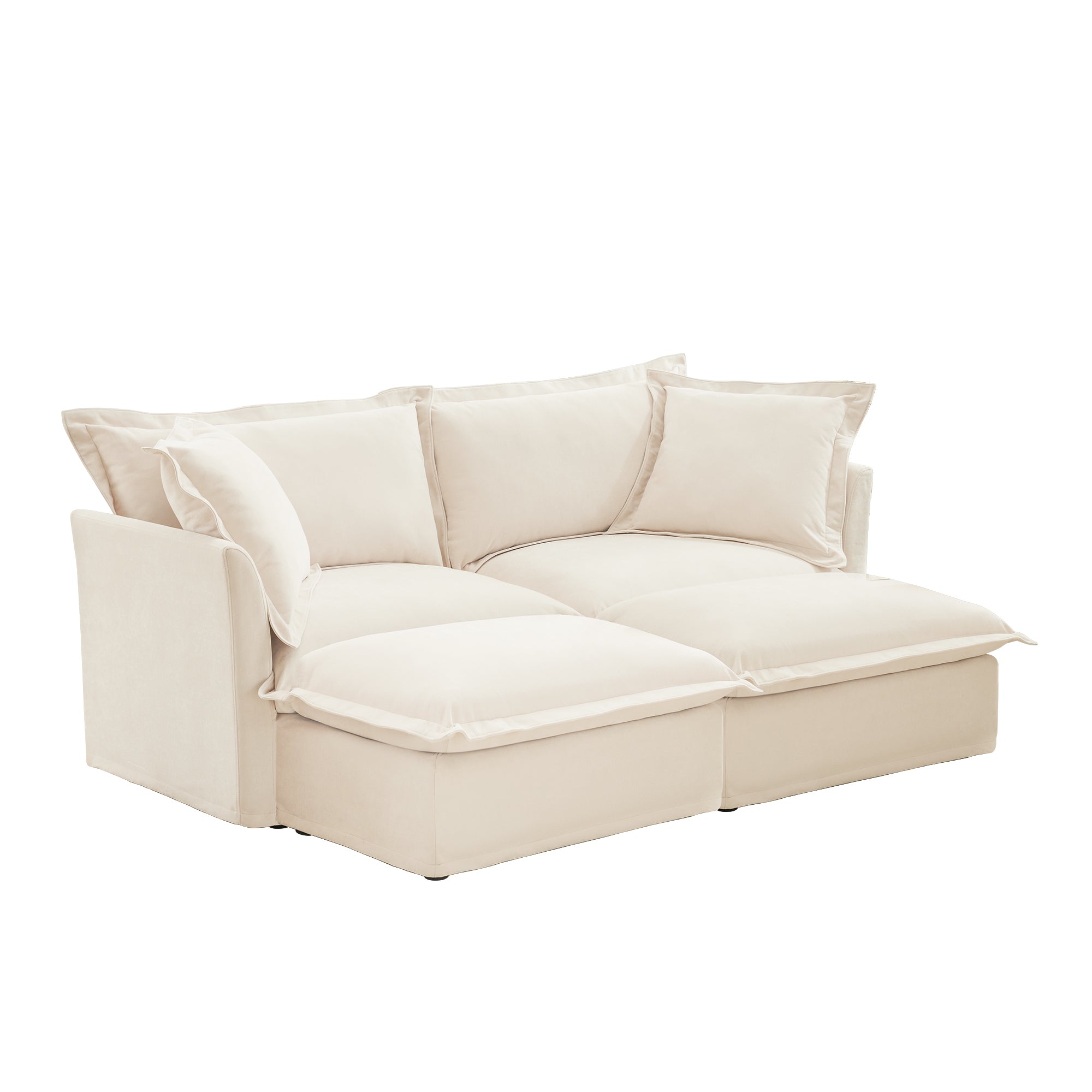 Slipcovered Sofa 2 Seater Sofa With 2 Ottomans, 2 Seater Sleeper Sofa Bed Home Theater Oversized Sofa For Living Room, Chenille, Cream