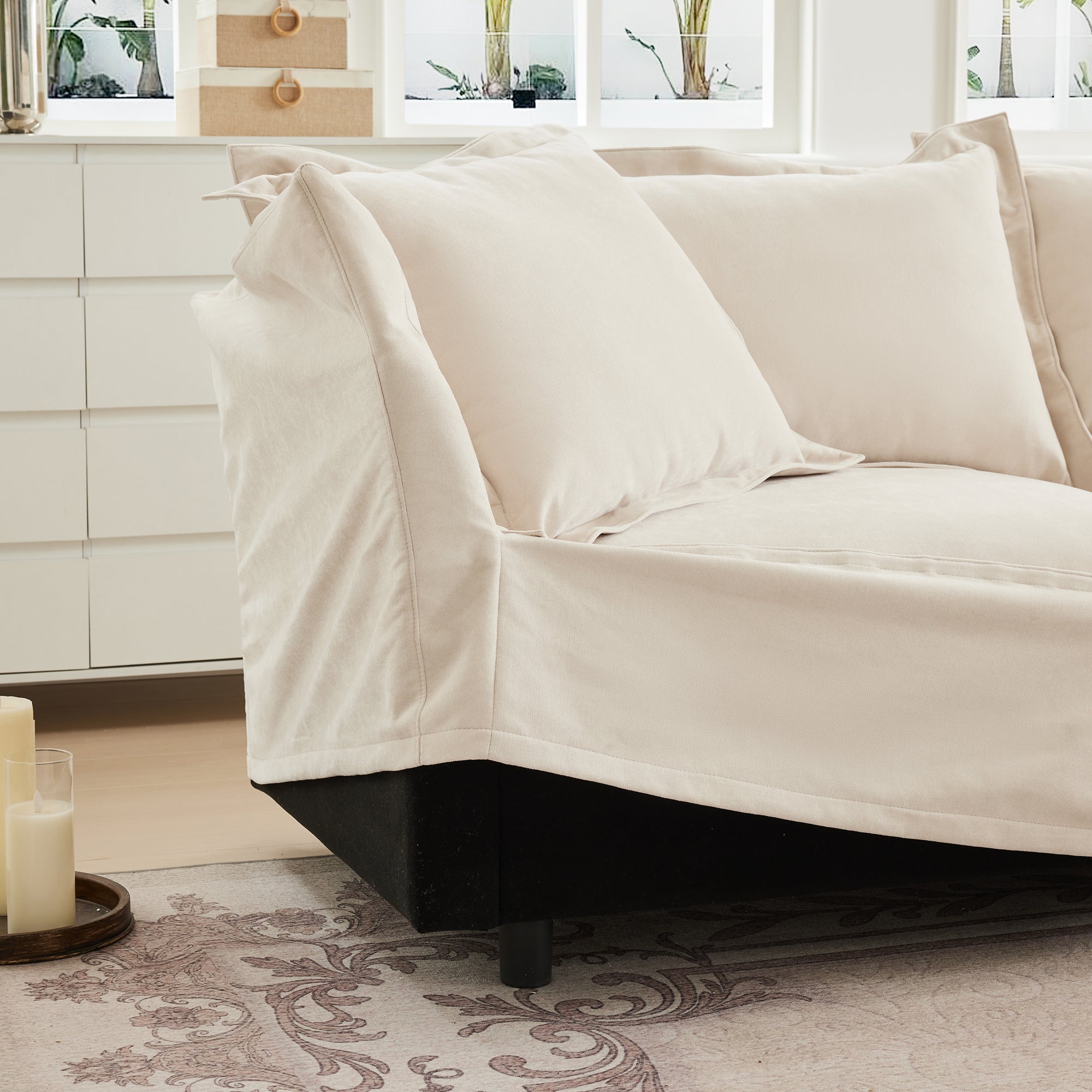 Slipcovered Sofa 2 Seater Sofa With 2 Ottomans, 2 Seater Sleeper Sofa Bed Home Theater Oversized Sofa For Living Room, Chenille, Cream