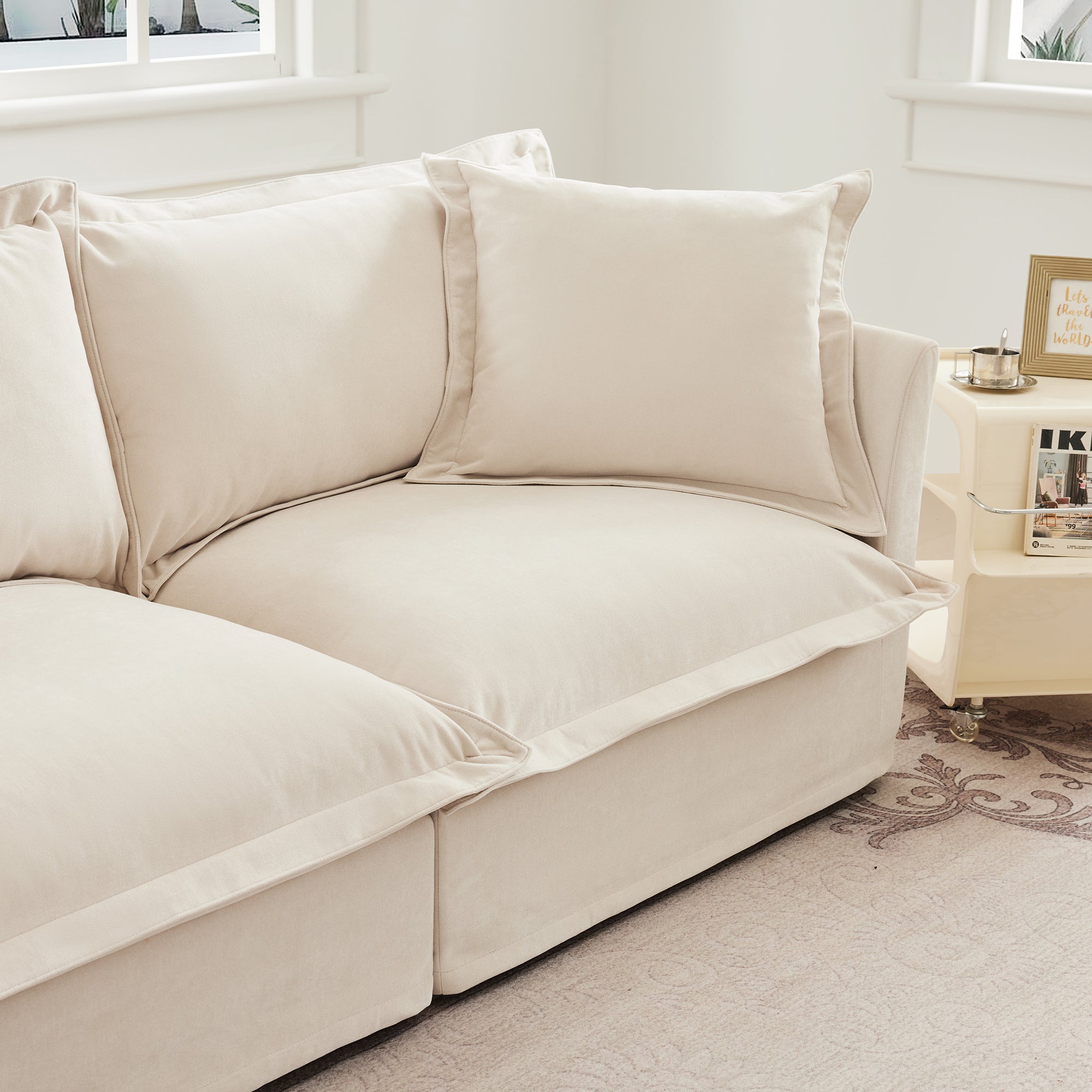 Slipcovered Sofa 2 Seater Sofa With 2 Ottomans, 2 Seater Sleeper Sofa Bed Home Theater Oversized Sofa For Living Room, Chenille, Cream