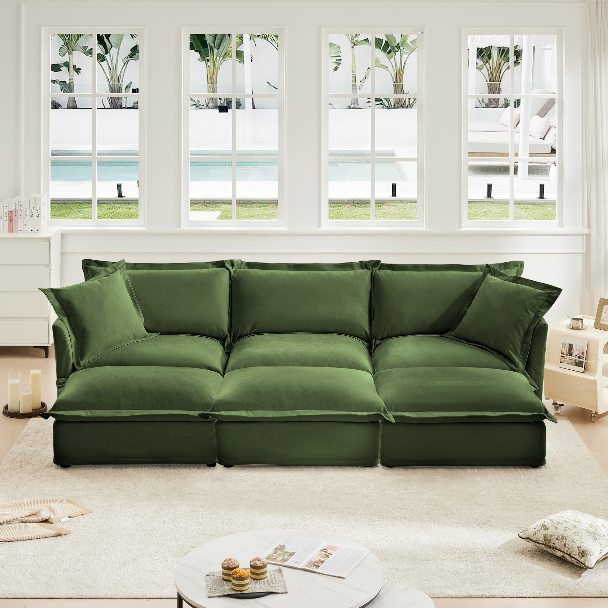 Living Room Sofa Slipcovered Sofa 3 Seater Sofa With 3 Ottomans, Oversized 3-Seat Sleeper Sofa Bed Home Theater Sofa, Chenille, Green