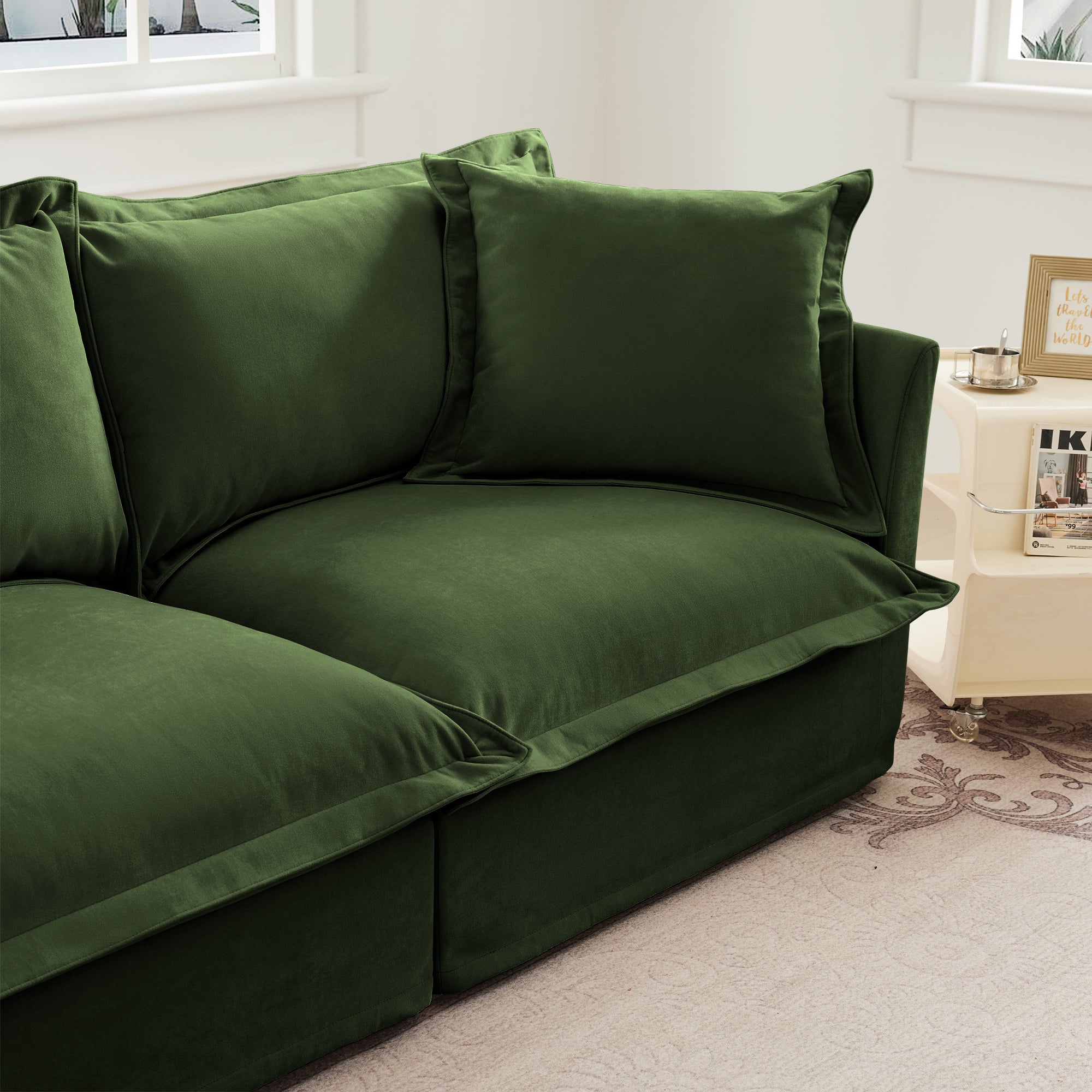 Slipcovered Sofa 2 Seater Sofa With 2 Ottomans, 2 Seater Sleeper Sofa Bed Home Theater Oversized Sofa For Living Room, Chenille, Green
