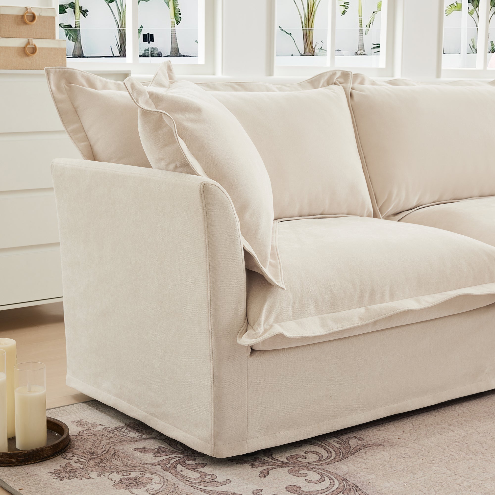Slipcovered Sofa 2 Seater Sofa With 2 Ottomans, 2 Seater Sleeper Sofa Bed Home Theater Oversized Sofa For Living Room, Chenille, Cream