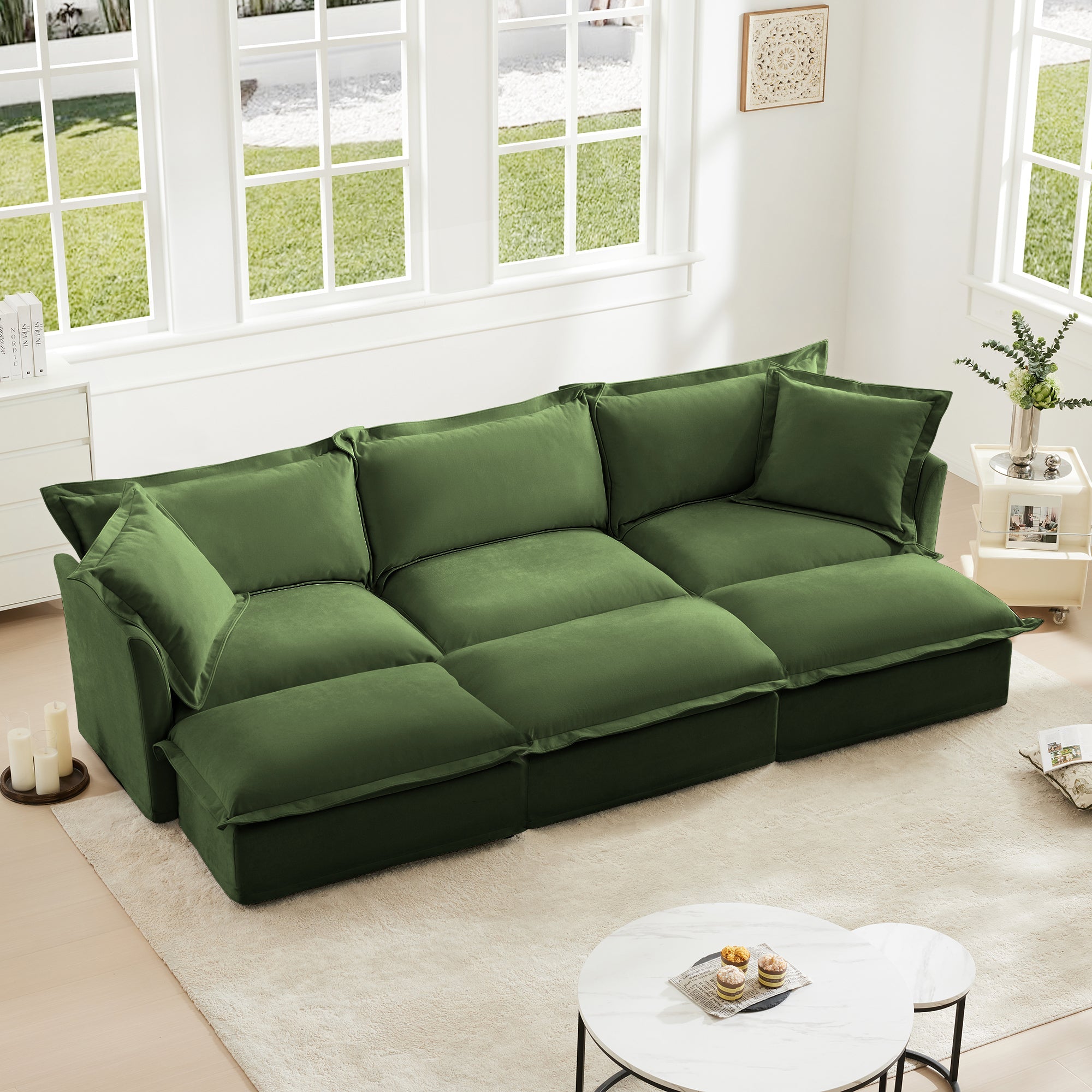 Living Room Sofa Slipcovered Sofa 3 Seater Sofa With 3 Ottomans, Oversized 3-Seat Sleeper Sofa Bed Home Theater Sofa, Chenille, Green
