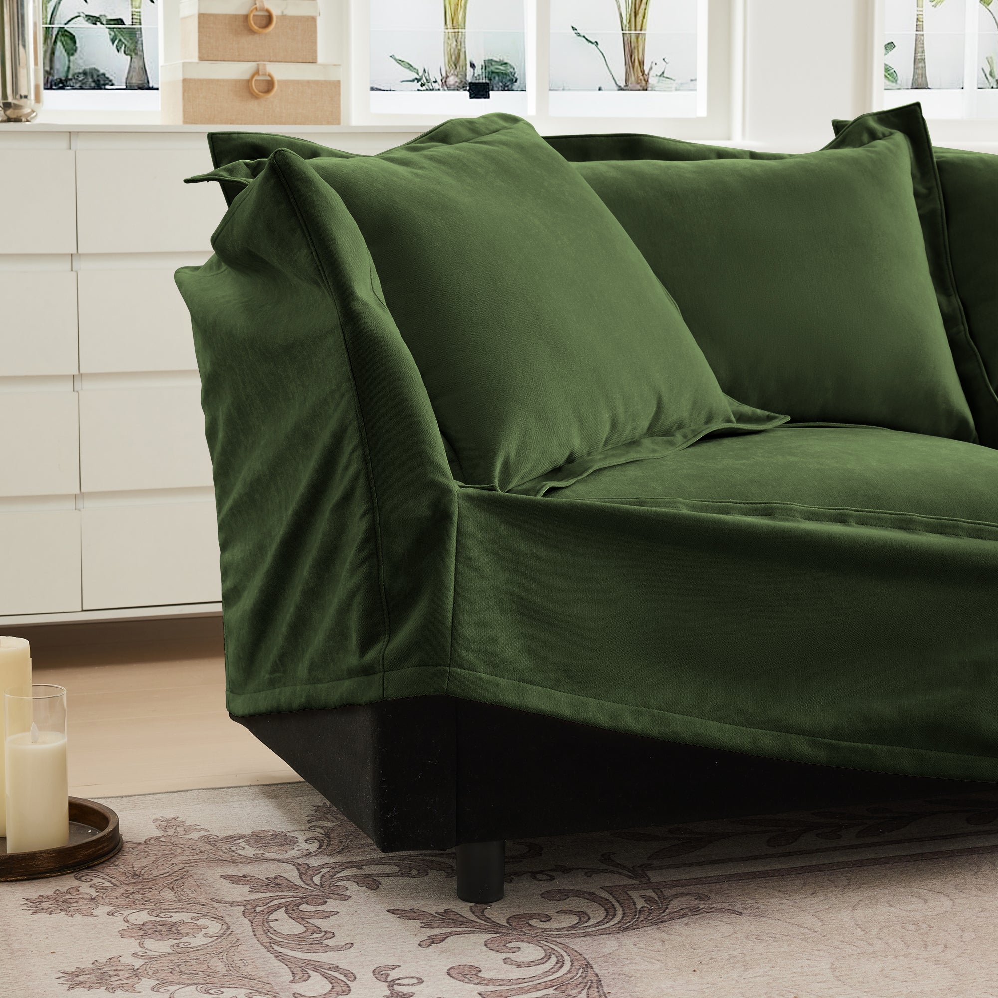Living Room Sofa Slipcovered Sofa 3 Seater Sofa With 3 Ottomans, Oversized 3-Seat Sleeper Sofa Bed Home Theater Sofa, Chenille, Green
