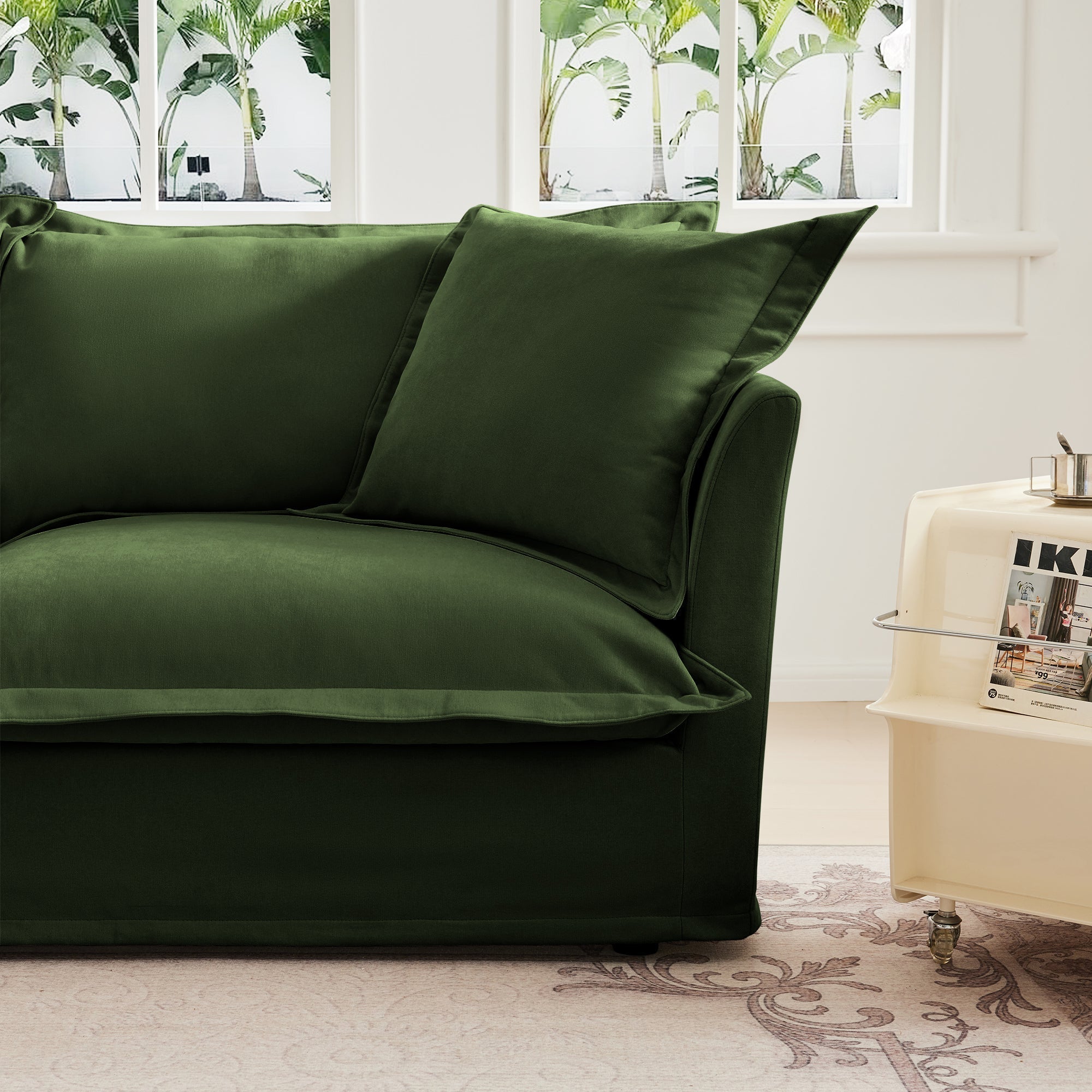 Slipcovered Sofa 2 Seater Sofa With 2 Ottomans, 2 Seater Sleeper Sofa Bed Home Theater Oversized Sofa For Living Room, Chenille, Green