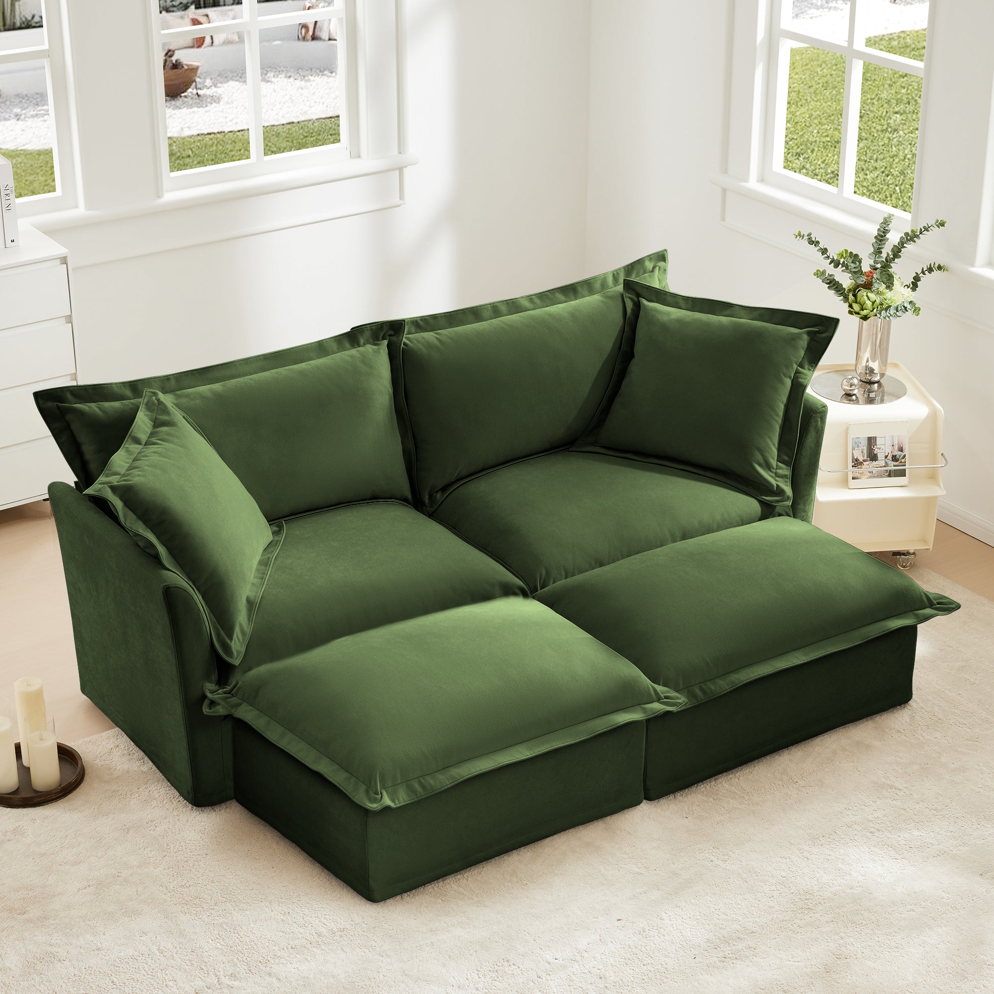 Slipcovered Sofa 2 Seater Sofa With 2 Ottomans, 2 Seater Sleeper Sofa Bed Home Theater Oversized Sofa For Living Room, Chenille, Green