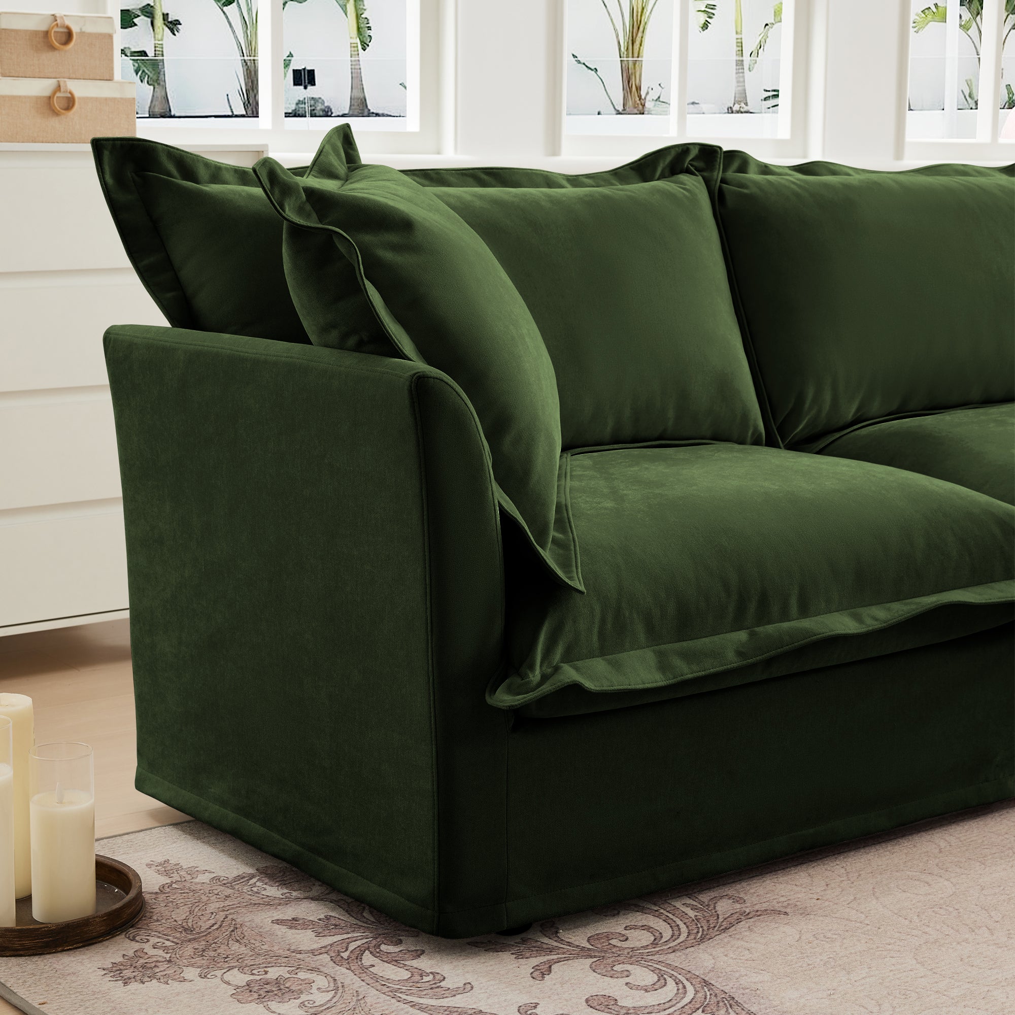 Slipcovered Sofa 2 Seater Sofa With 2 Ottomans, 2 Seater Sleeper Sofa Bed Home Theater Oversized Sofa For Living Room, Chenille, Green