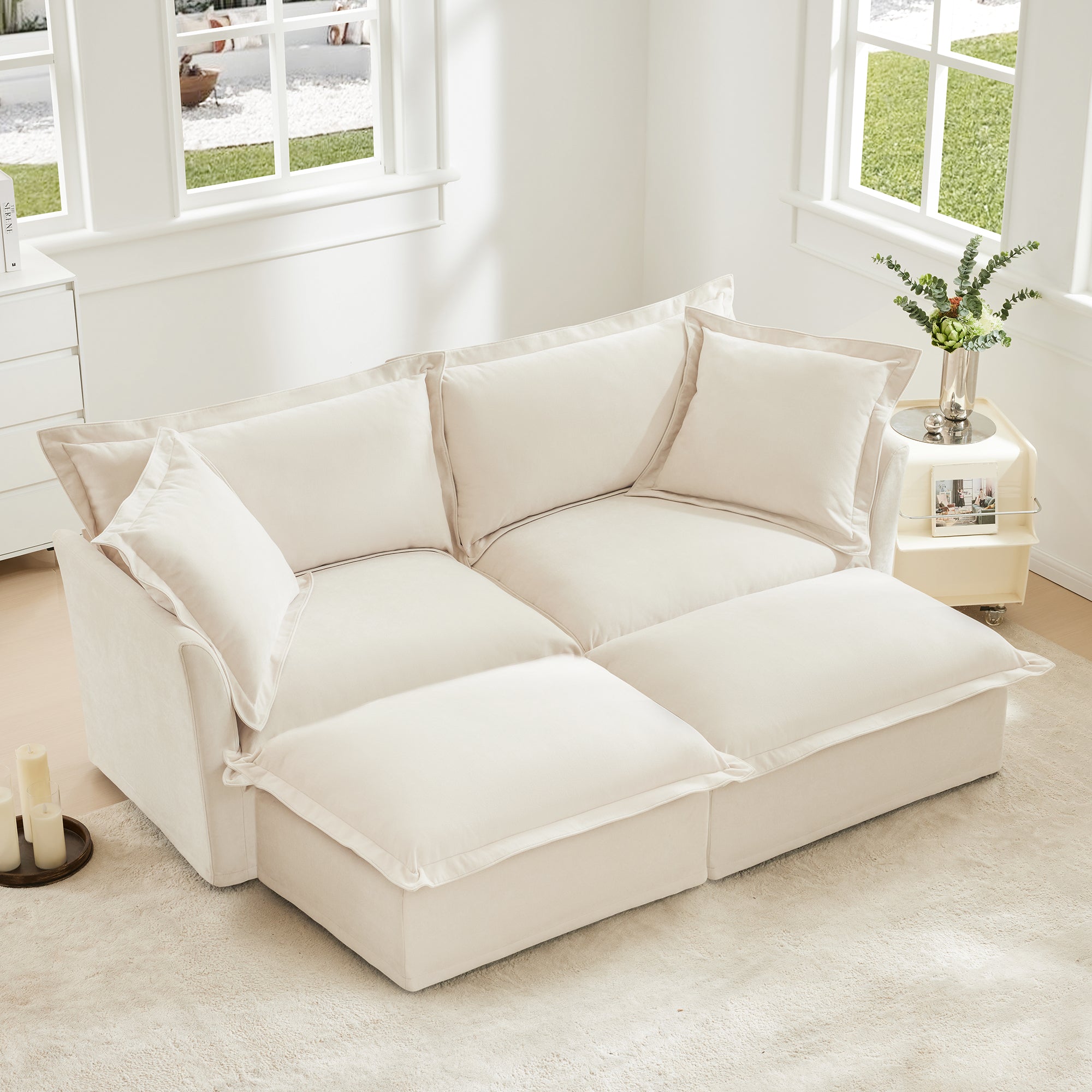 Slipcovered Sofa 2 Seater Sofa With 2 Ottomans, 2 Seater Sleeper Sofa Bed Home Theater Oversized Sofa For Living Room, Chenille, Cream