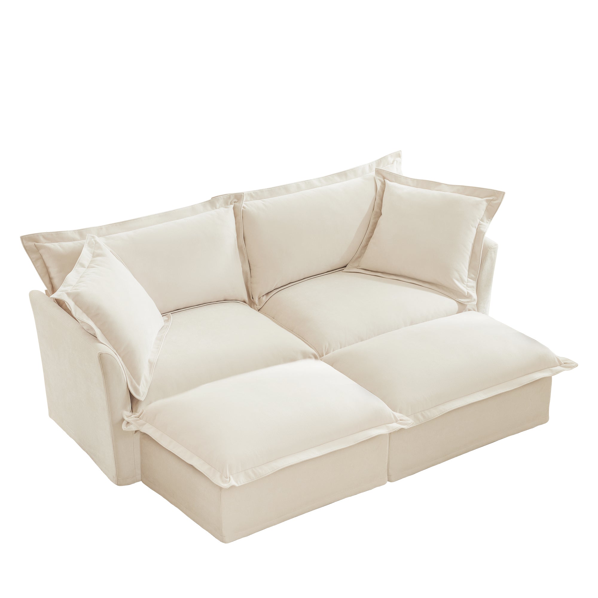 Slipcovered Sofa 2 Seater Sofa With 2 Ottomans, 2 Seater Sleeper Sofa Bed Home Theater Oversized Sofa For Living Room, Chenille, Cream