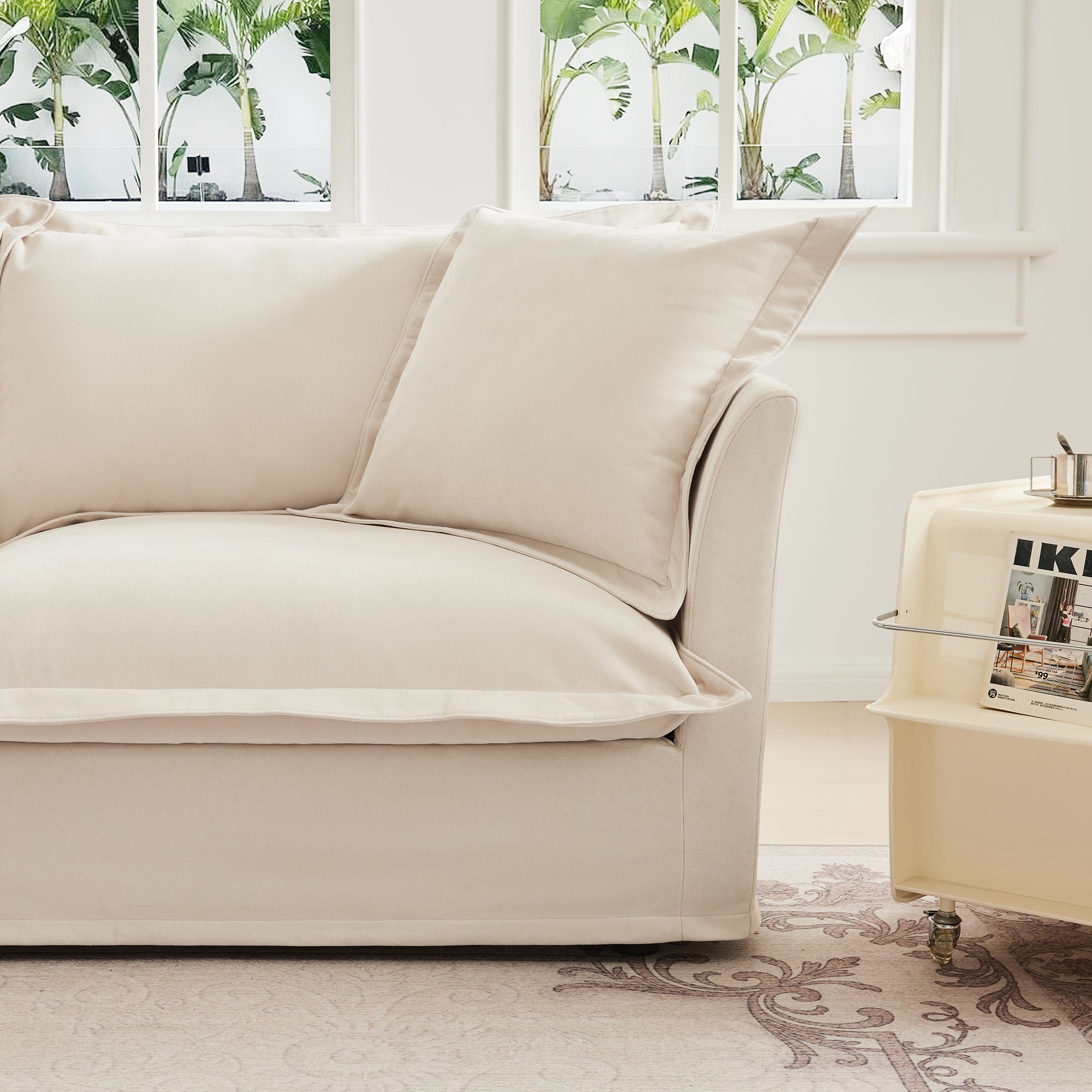 Slipcovered Sofa 2 Seater Sofa With 2 Ottomans, 2 Seater Sleeper Sofa Bed Home Theater Oversized Sofa For Living Room, Chenille, Cream
