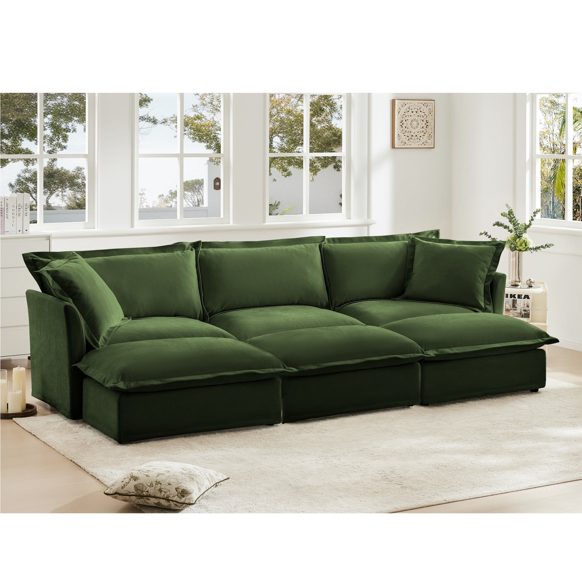 Living Room Sofa Slipcovered Sofa 3 Seater Sofa With 3 Ottomans, Oversized 3-Seat Sleeper Sofa Bed Home Theater Sofa,  Chenille, Green