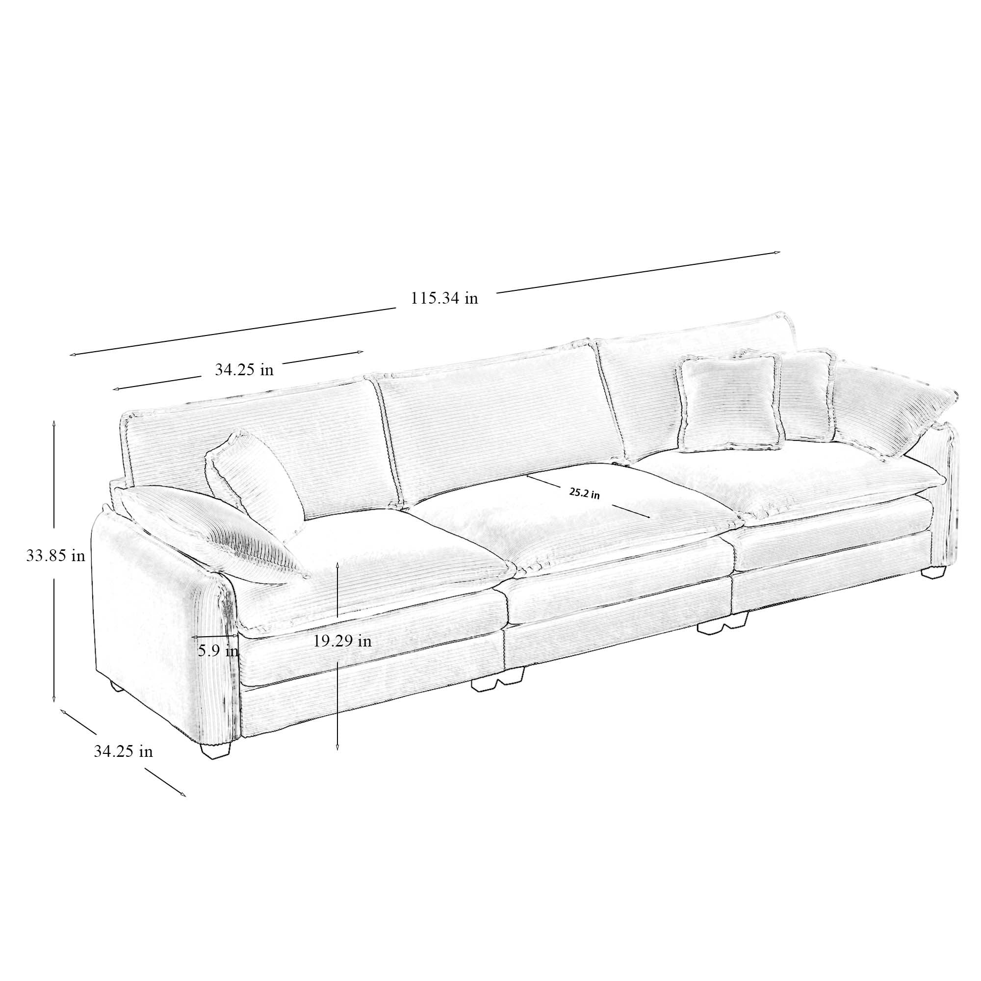 Modern Living Room Sofa 3 Pieces Set, Two 2-Seater Sofas and One 3-Seater Sofas, Upholstery Large Deep Seat Sofa with sofat Cushion and Pillowss, Beige Corduroy