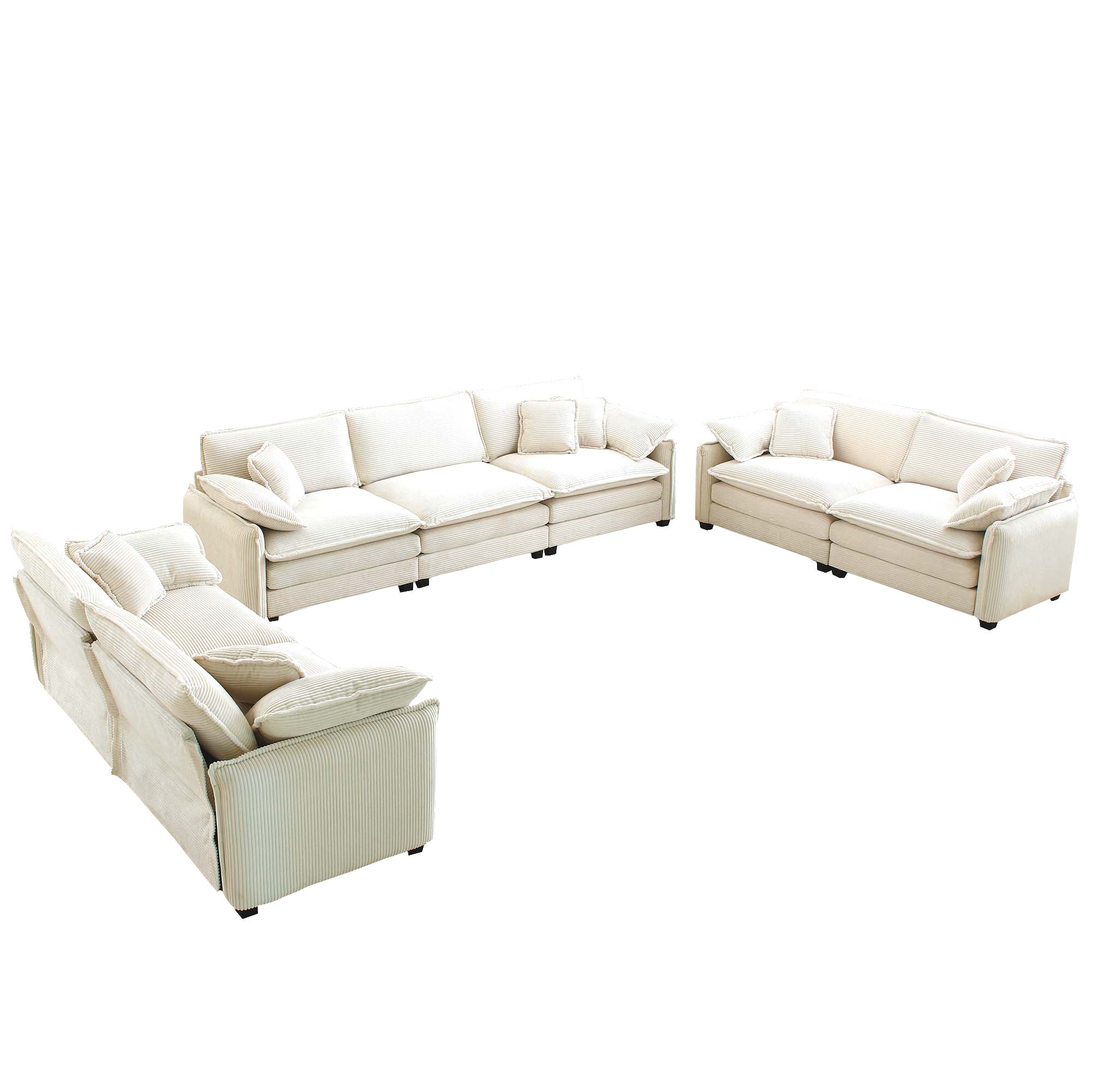 Modern Living Room Sofa 3 Pieces Set, Two 2-Seater Sofas and One 3-Seater Sofas, Upholstery Large Deep Seat Sofa with sofat Cushion and Pillowss, Beige Corduroy